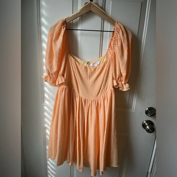 MABLE Orange Puff Sleeve Gingham Mini Dress - Picture 1 of 5